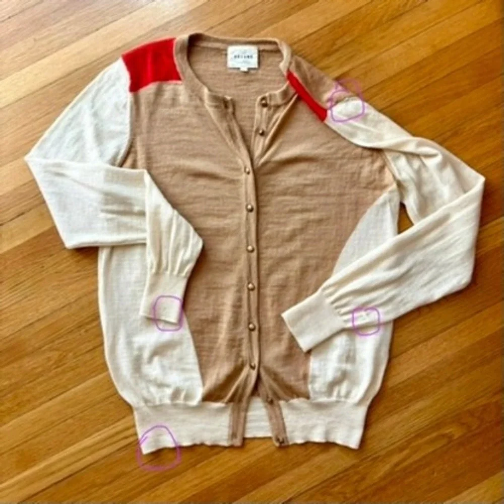 Sezane Virgin Wool Colorblock Cardigan Tan Cream Red L Quiet Luxury Chic Stretch